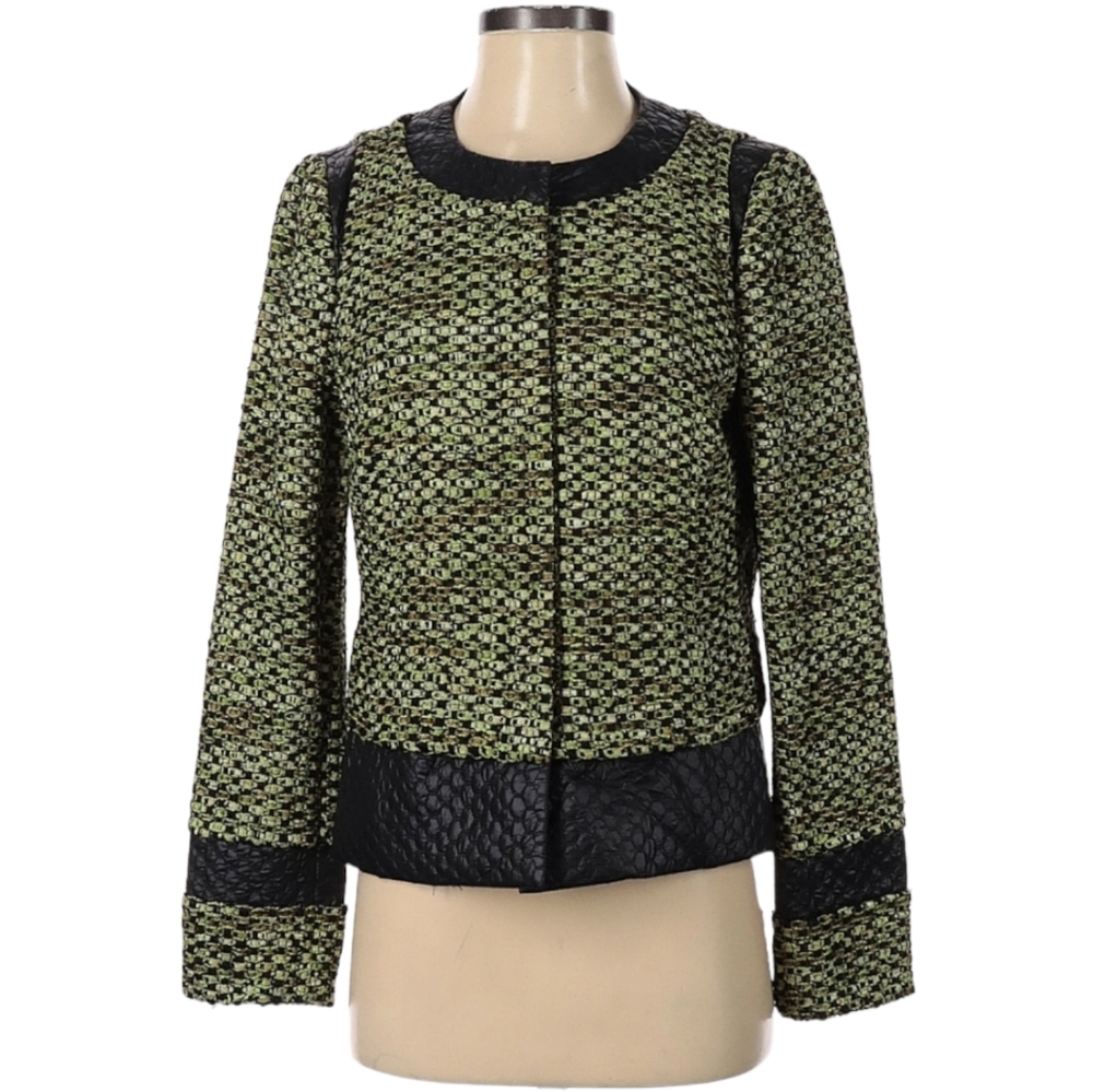 Carlisle Tweed Wool Blend Blazer Size 8‎ Black Green Hidden Button Front Jacket